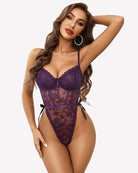 Purple lace deep V bodysuit with satiny side ties