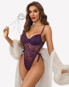 Purple lace bodysuit with deep V neckline and side ties