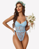 Light blue lace deep V bodysuit with satin side ties