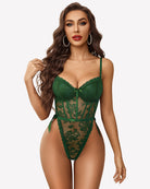 Green lace deep V bodysuit with corset-style panels and lace back, tied waist