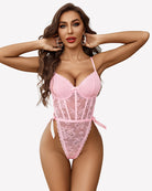 Pink lace deep V bodysuit with satin trim, underwire cups, and bow side ties