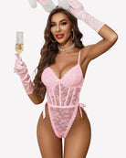 Pink lace corset bodysuit with deep V neckline, satin trim, and bow side ties