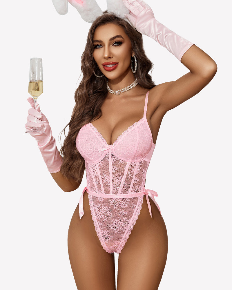 Pink lace corset bodysuit with deep V neckline, satin trim, and bow side ties
