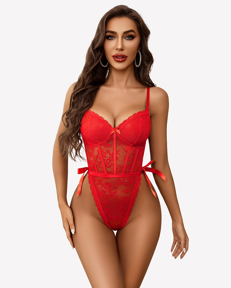 Red lace deep V bodysuit with satin trim, underwire cups, and ribbon side ties