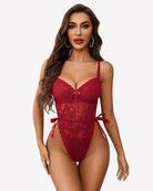 Wine red lace bodysuit with underwire cups and deep V neckline, side tie bows