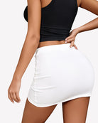 High-waist ruched mini skirt, white, smooth draped front and gathered waistline.