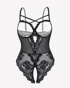 Black floral lace crotchless teddy, sheer mesh front, scalloped lace edges, X-back straps.