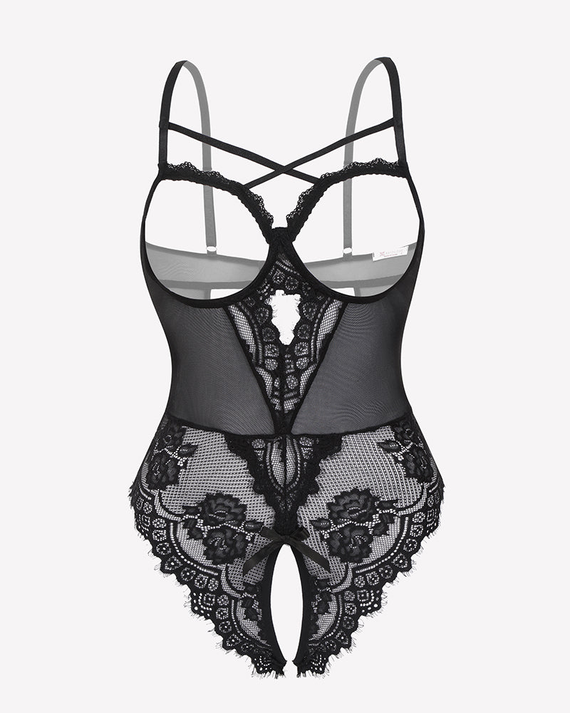 Black floral lace crotchless teddy, sheer mesh front, scalloped lace edges, X-back straps.