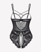 Black floral lace crotchless teddy with sheer mesh panels and scalloped lace hem, strappy cups.