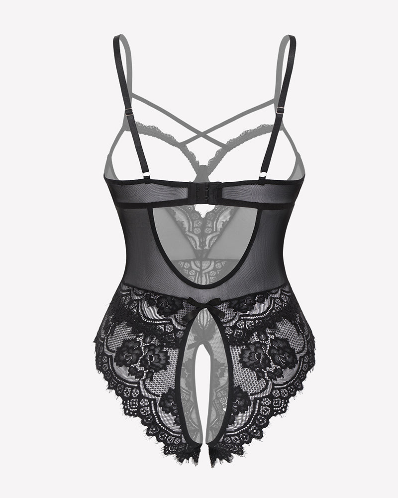 Black floral lace crotchless teddy with sheer mesh panels and scalloped lace hem, strappy cups.