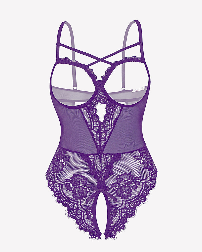 Purple floral lace crotchless teddy with sheer mesh, crisscross straps, scalloped lace trim.