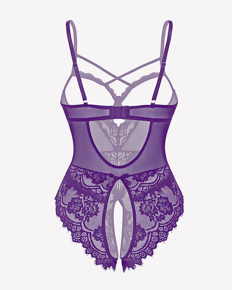 Purple floral lace crotchless mini teddy with sheer mesh and scalloped lace hem, X-back straps.