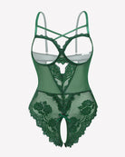 Green floral lace crotchless teddy with sheer mesh front and scalloped lace edges, strappy cups.