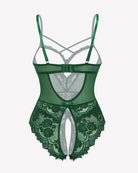 Green floral lace crotchless teddy with sheer mesh panels, scalloped lace hem, strappy cups.