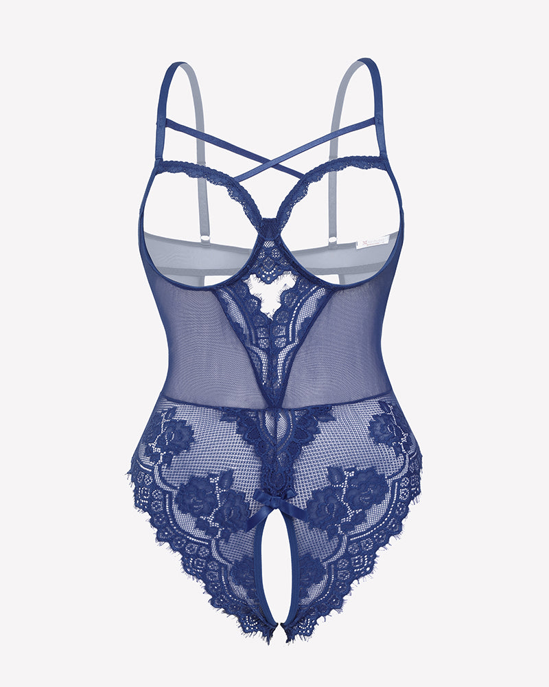Blue floral lace crotchless teddy with underwire cups and crisscross straps