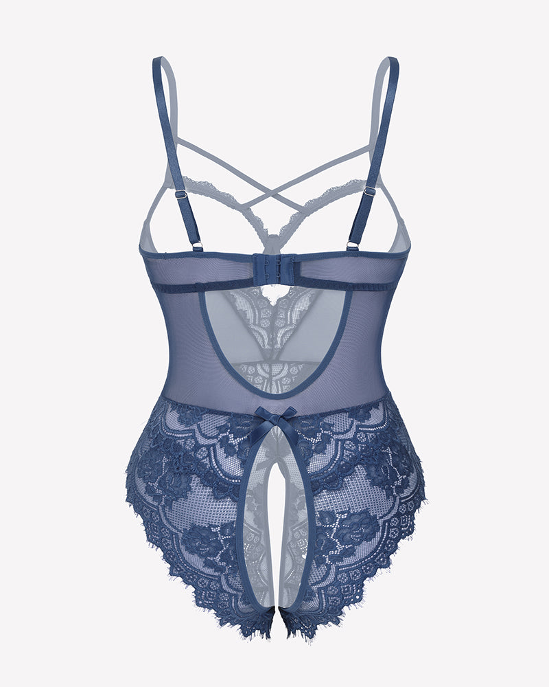 Blue sheer lace crotchless babydoll teddy with cross-back straps and thong cutout