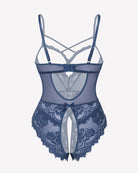 Blue sheer lace crotchless babydoll teddy with cross-back straps and thong cutout