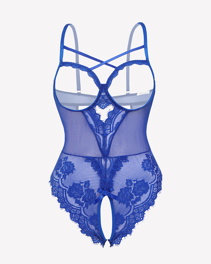 Blue mesh and floral lace crotchless mini teddy with wide underbust band
