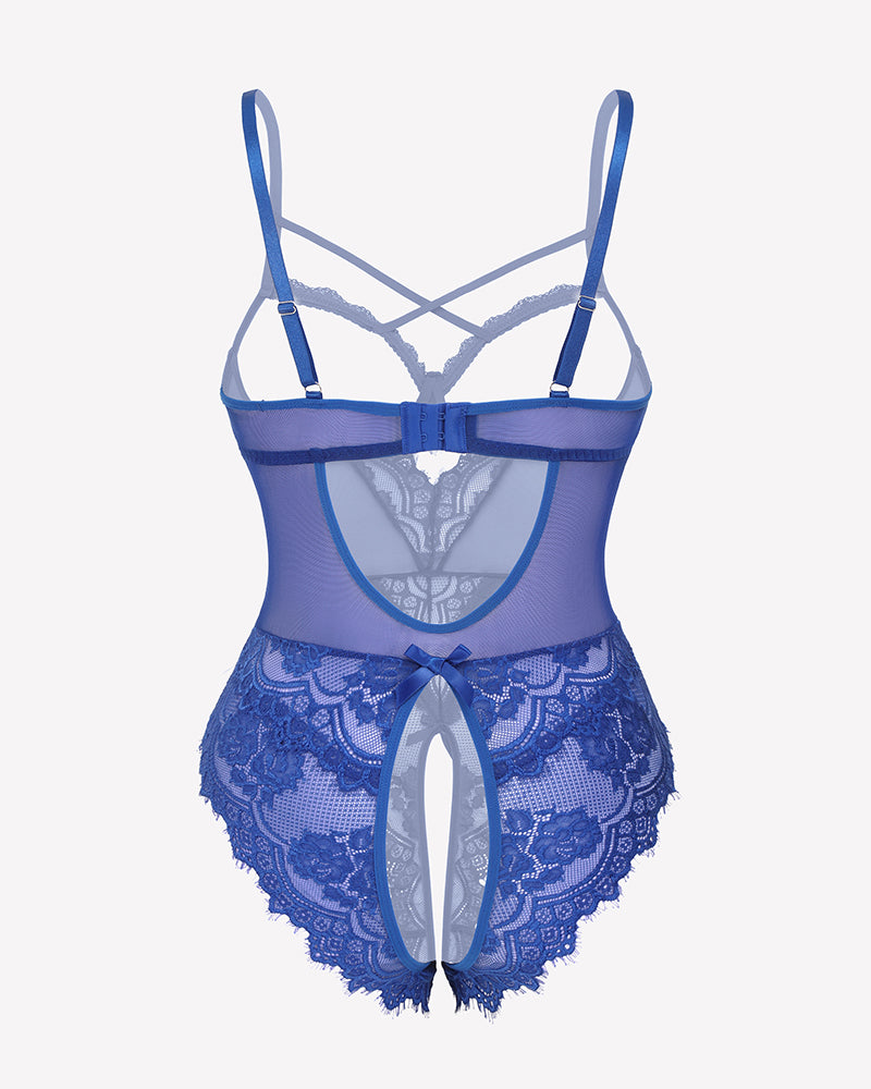 Blue sheer lace crotchless teddy with open back straps and scalloped lace legs