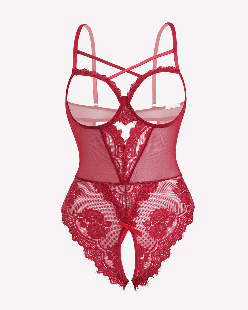 Red mesh and floral lace crotchless mini teddy with underbust strappy detail