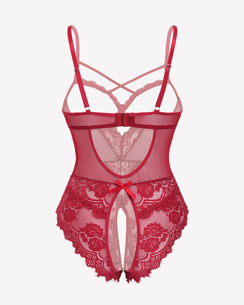 Wine red lace crotchless teddy with sheer front panel, floral trim, mini babydoll