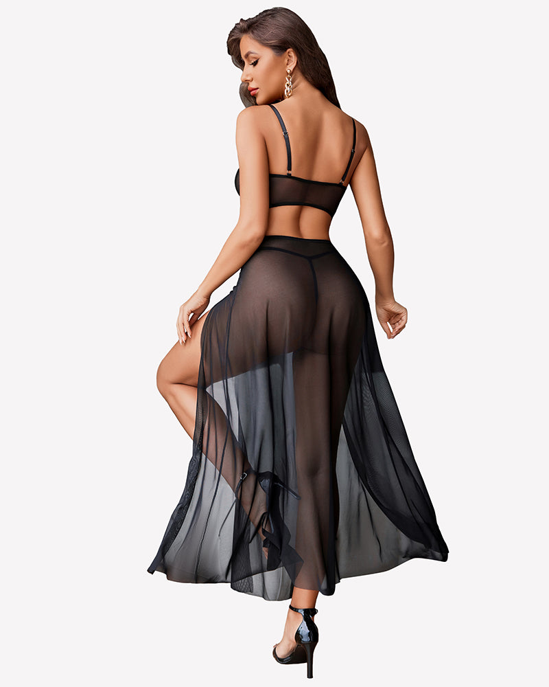 Black mesh 3-piece lingerie set, back view, underwire bra and thigh split skirt