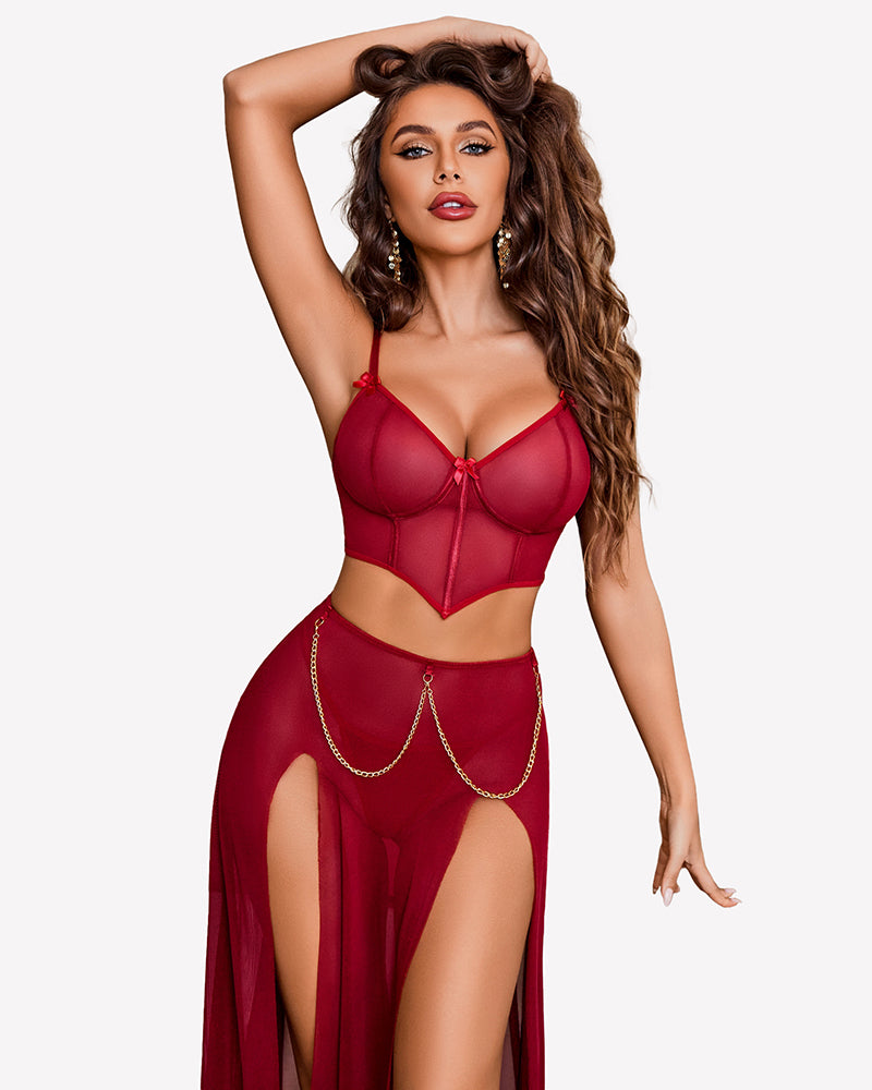 Dark red mesh 3-piece nightgown set with underwire bra, tie front, side-slit skirt