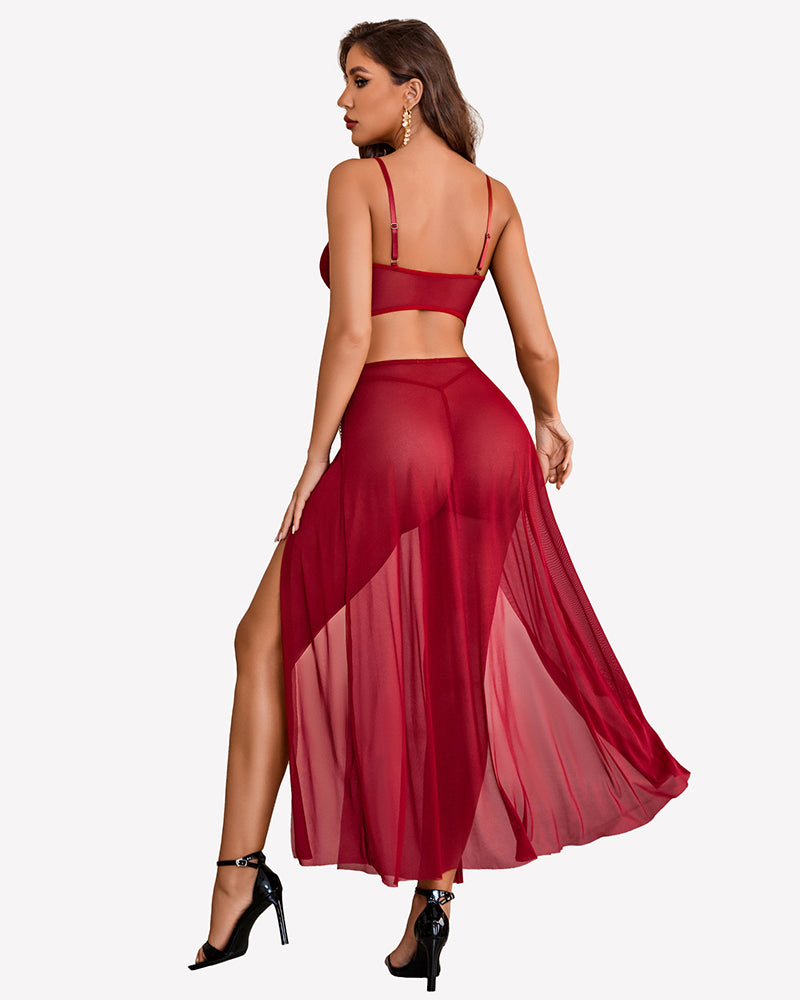 Dark red mesh 3-piece nightgown set, back view with strappy top and side-slit skirt