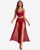Dark red mesh 3-piece nightgown set with sweetheart bra and draped side-slit skirt