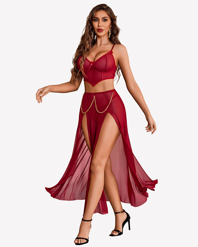 Dark red mesh 3-piece nightgown set with open side skirt and gold chain accents
