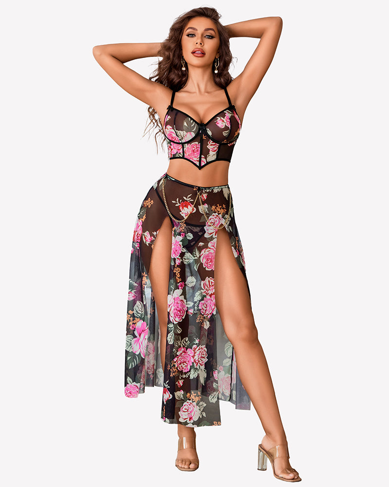 Black floral mesh 3-piece lingerie set with underwire bra and side-split skirt