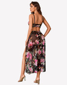 Black floral mesh 3-piece lingerie set, side view, underwire bra and side-split skirt