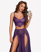 Purple mesh 3-piece nightgown set with underwire bra and long side-slit sheer skirt