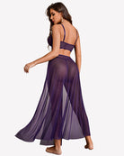 Purple mesh 3-piece nightgown set from side/back with layered side-slit skirt