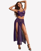 Purple mesh 3-piece nightgown set with sweetheart bra and flowing side-slit skirt