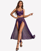 Purple mesh 3-piece nightgown set with underwire bra and draped side-slit skirt hem