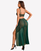 Dark green mesh nightgown set with underwire bralette and long A-line skirt