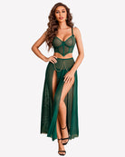 Dark green mesh 3-piece nightgown set with underwire bra and side-slit sheer skirt