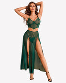 Dark green mesh nightgown set with underwire bralette, long skirt, side slit, gold chains