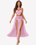 Pink mesh nightgown set with underwire bustier, long skirt with side slit, draped chains