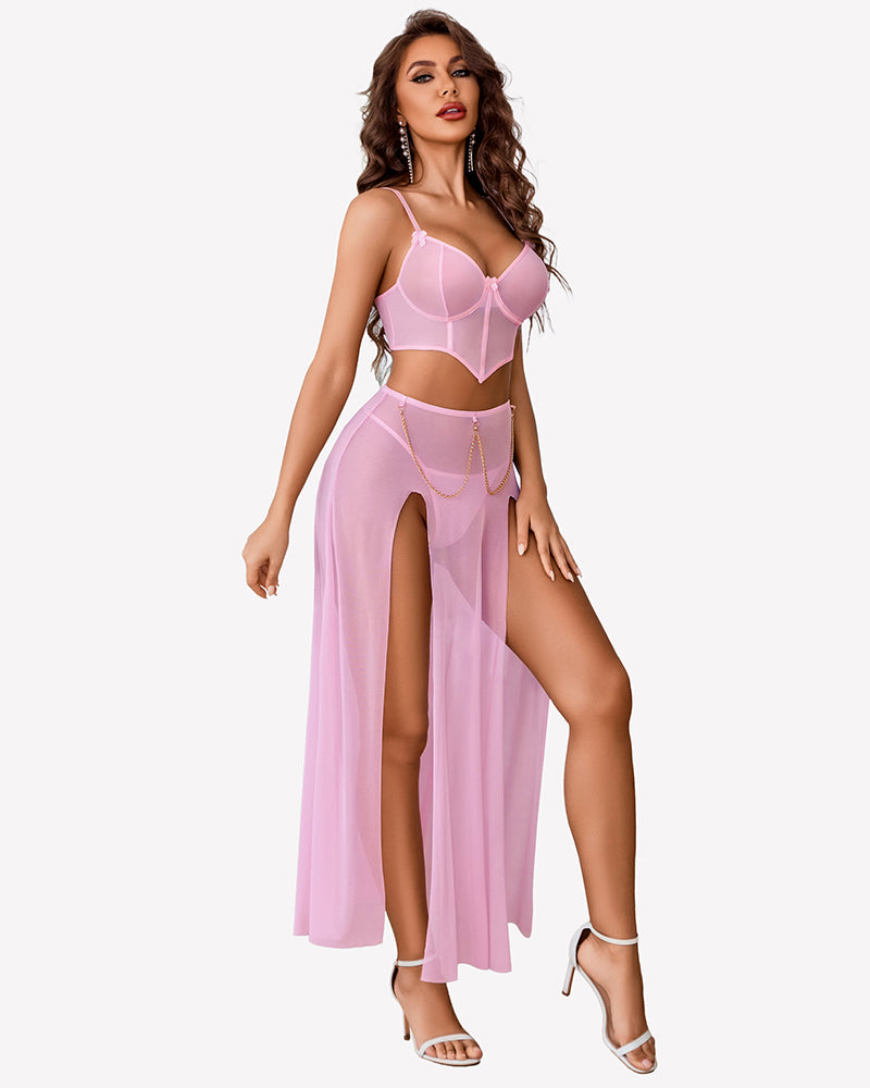 Pink mesh nightgown set with underwire bustier and long skirt with side slit