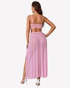 Pink mesh nightgown set with underwire bralette and long A-line skirt with slit