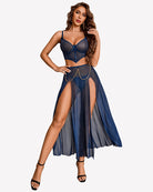Navy blue mesh nightgown set with underwire bralette, long skirt, side slit, chain accents