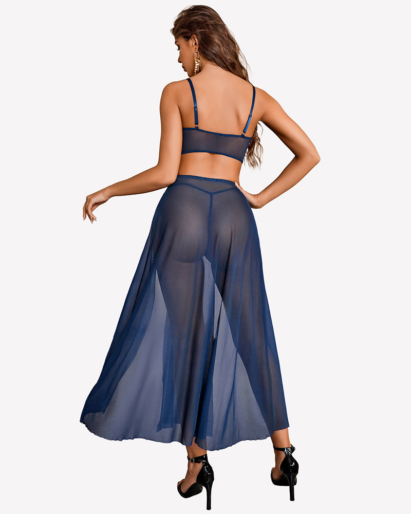 Navy blue mesh nightgown set with underwire bralette and long A-line skirt
