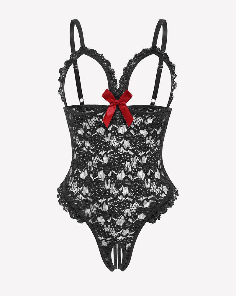 Black lace teddy bodysuit with V neckline, underwire cups, and red bow at center front