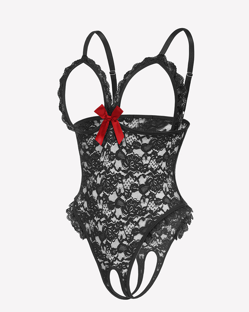 Black lace teddy bodysuit front view with V neckline and red bow center detail