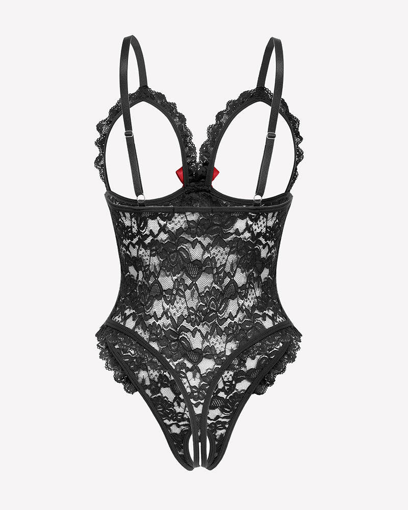 Black lace teddy bodysuit with lace pattern, V shape front, and red bow at center
