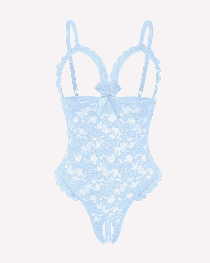 Light blue lace teddy bodysuit with V neckline, underwire cups, and front bow detail