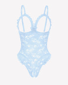 Light blue lace V-neck bodysuit with ruffled hem and bow front detail.