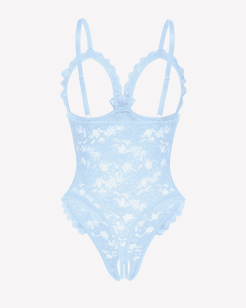 Light blue lace V-neck bodysuit with ruffled hem and bow front detail.